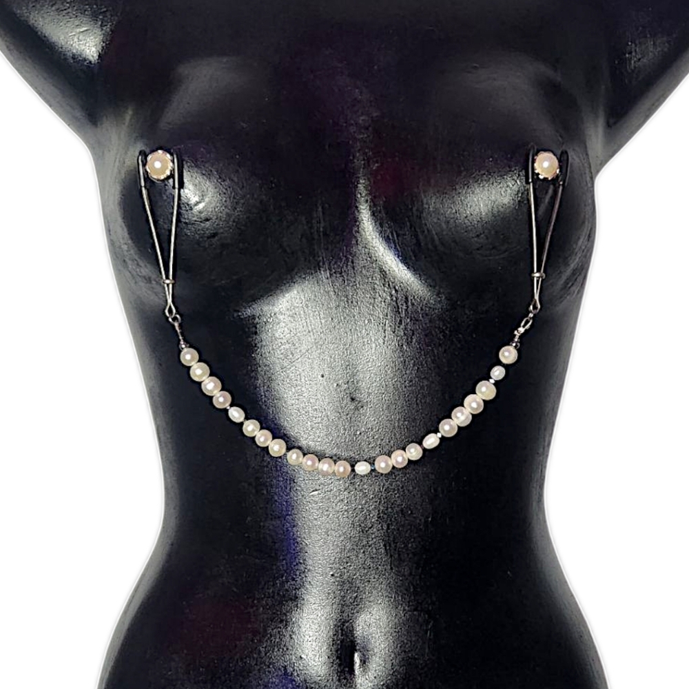 Stunning Handmade Freshwater Pearl Nipple Clamps; Tiny Rainbow Hematite Accents